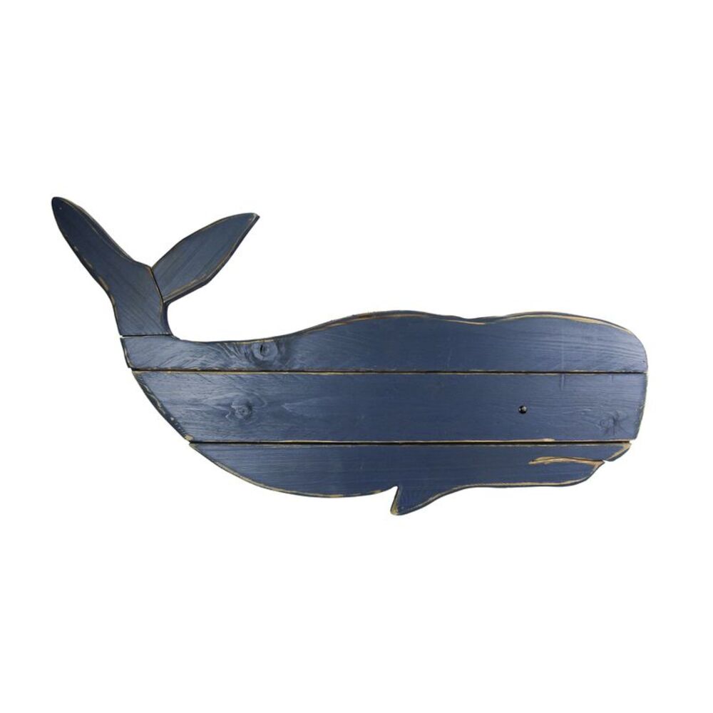 30 Inch Distressed Blue Carved Wood Whale Wall Hanging Decorative Display Art